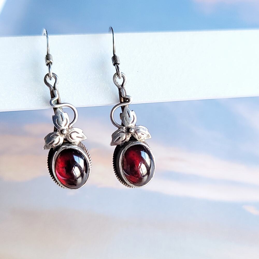 Sterling Silver Ivy + Garnet Drop Earrings